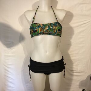 1295 NWT Bikini Bay Twisted Bandeau Top Green Plume w/Faux Tie Skirted Bottom